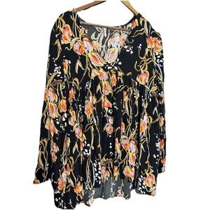Free People Bella Floral Tunic Womens Size Medium Black Boho Rayon V Neck Shirt